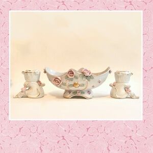 Vintage 50s Raised Pink Rose Bone China Flower Console Bowl Candle Holder Set